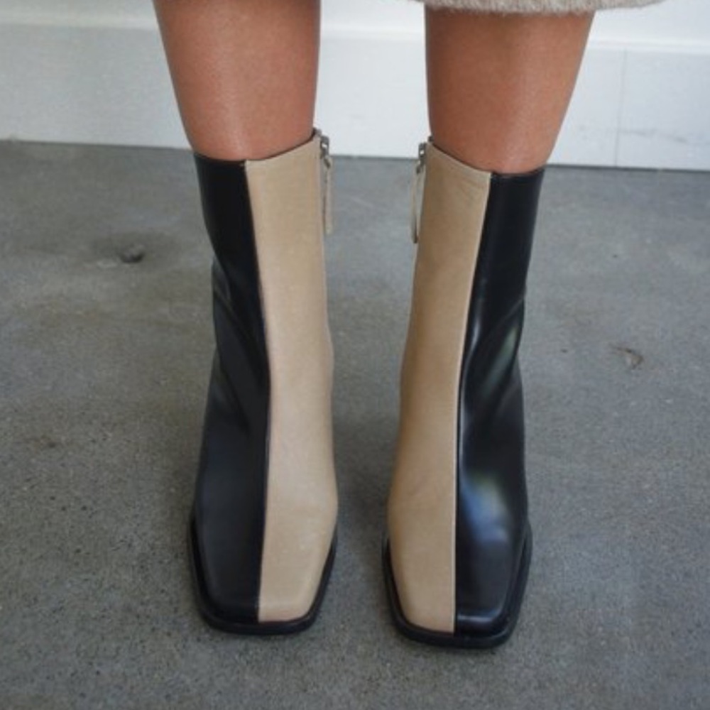 ALOHAS Two-Tone Black and Beige Block Heel Ankle Boots